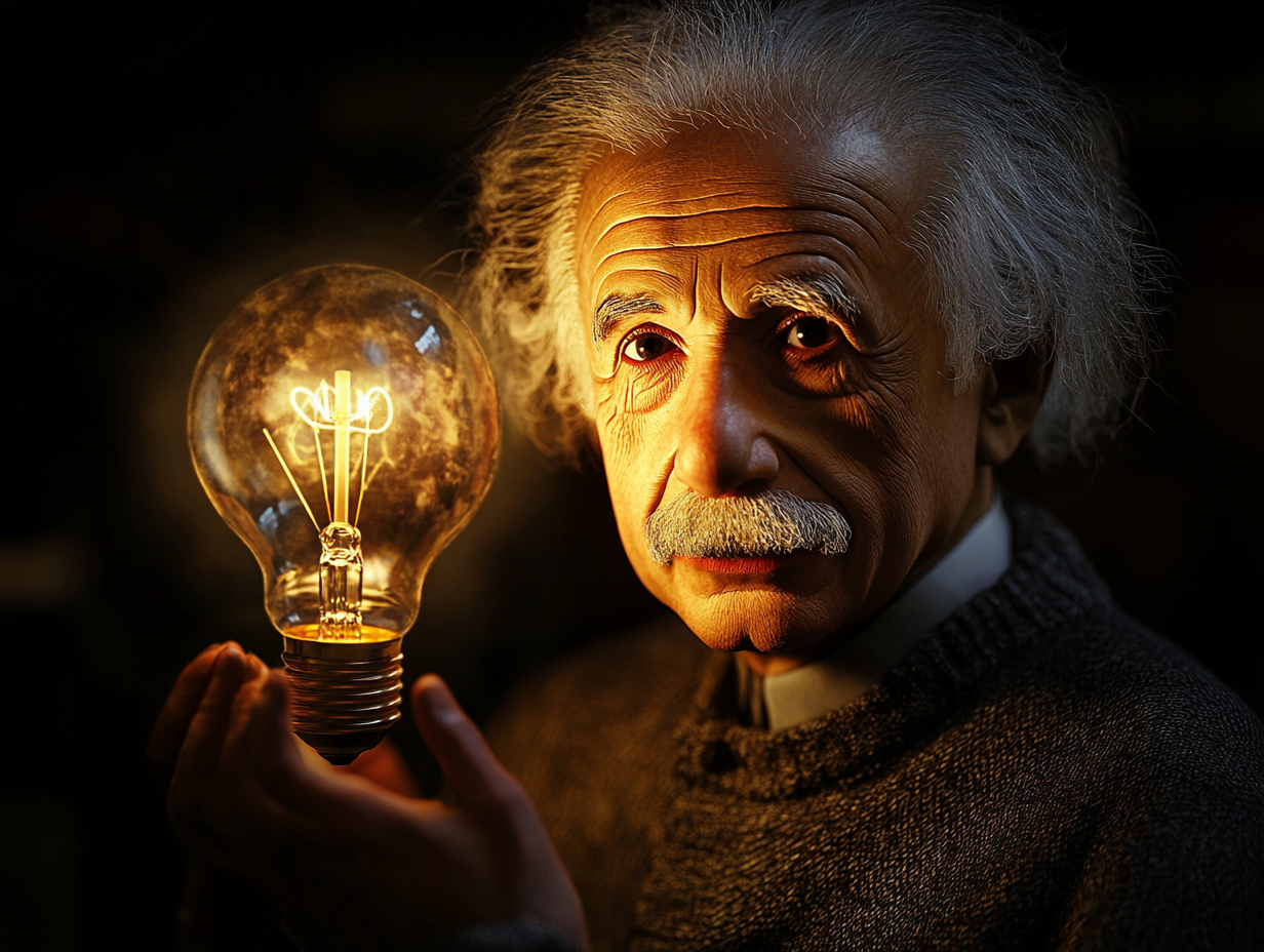 Illustration artistique d’Albert Einstein tenant une ampoule allumée
